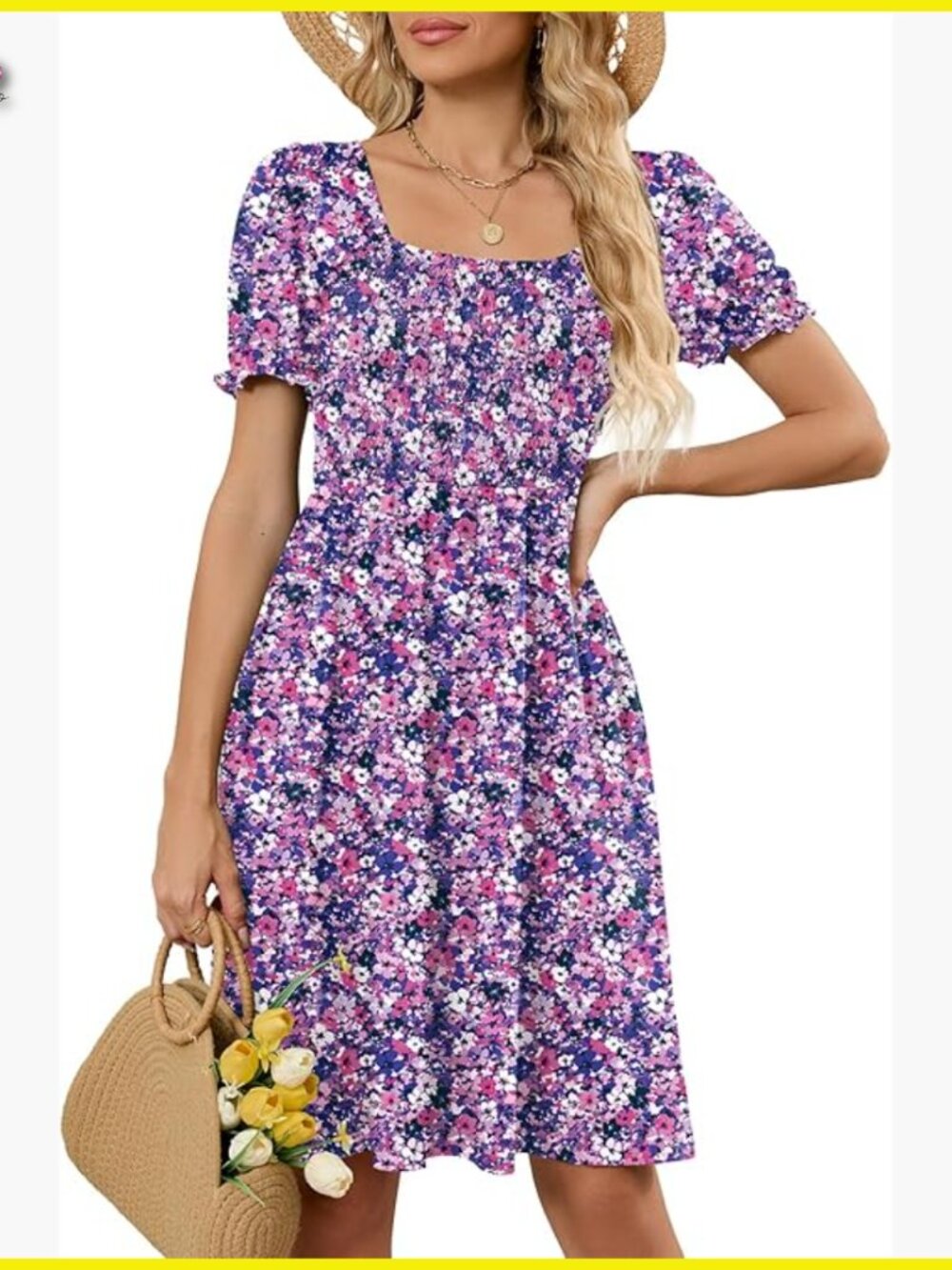 Floral Print Summer Dress Puff Sleeve Square Neck Smocked Bodice A-Line